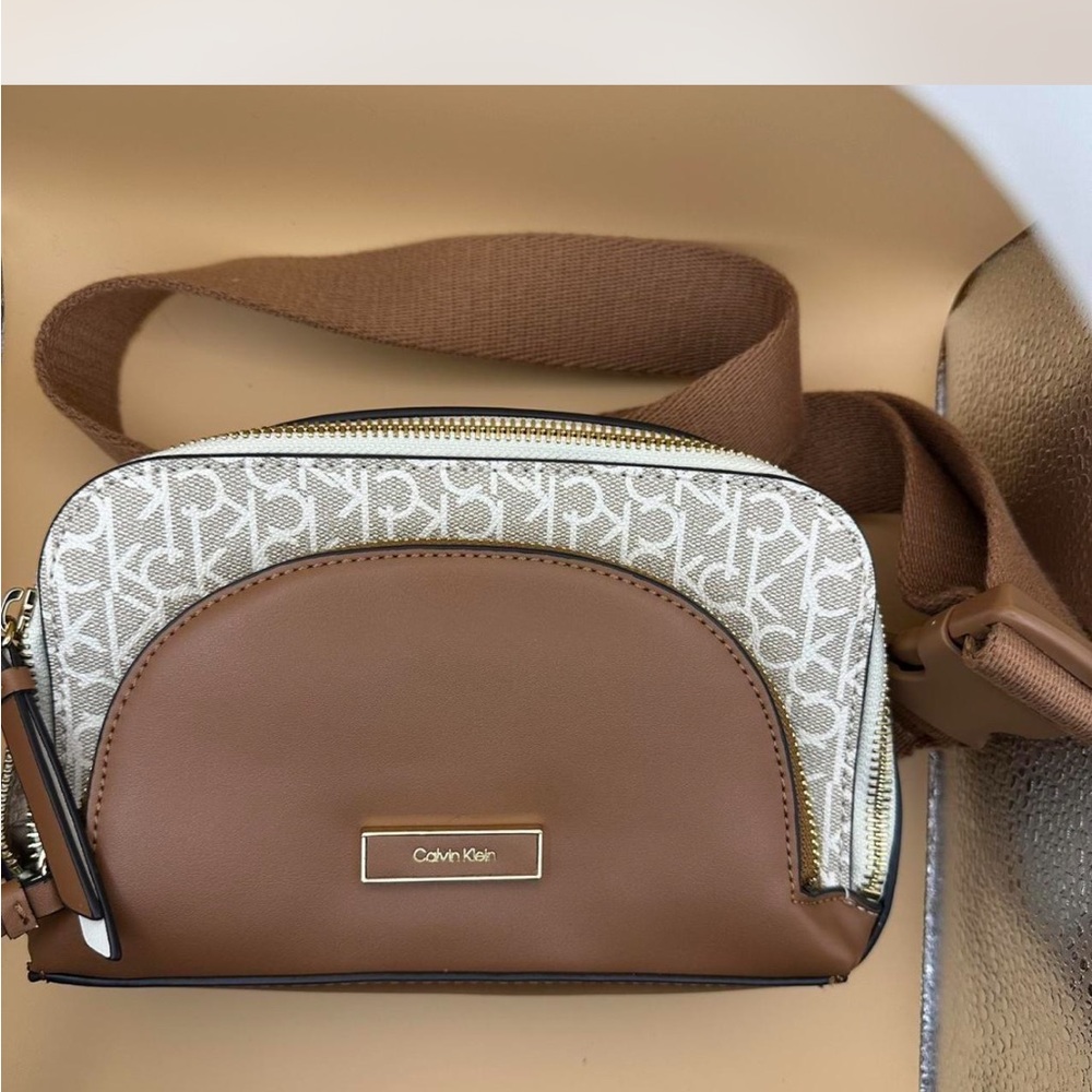 Calvin Klein Tan and Cream Logo Crossbody Bag